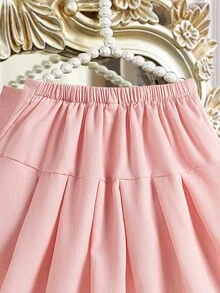 SHEIN 青少年女孩黑色百褶裙，白色蝴蝶结装饰，休闲校园风格 - 粉色 - 查看 3