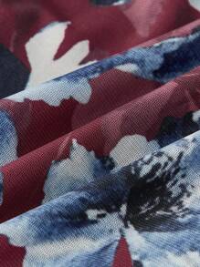 lacRébo 勃艮第红花卉网眼紧身中长连衣裙，长袖和侧开衩，教师装，办公室装，商务休闲装 - 彩色 - 查看 9