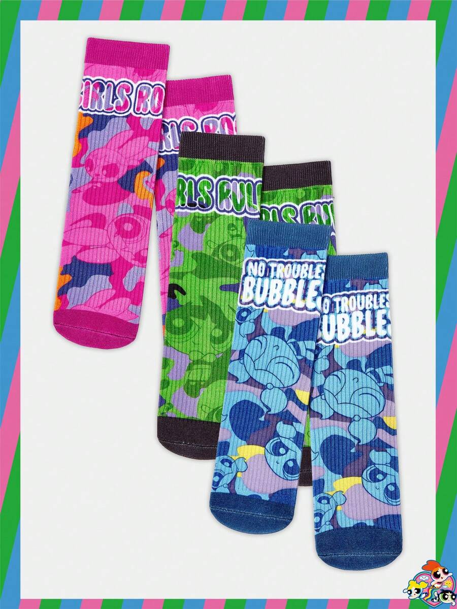 THE POWERPUFF GIRLS X SHEIN Stylish Cartoon & Letter Pattern Mid-Calf Socks - Multicolor - View 1