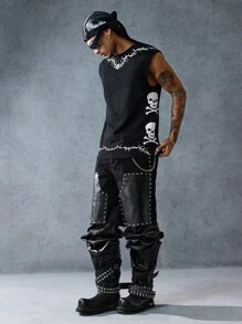 ROMWE MEN Goth 男士骷髅印花休闲宽松无袖背心，2000 年代风格 - 黑色 - 查看 5