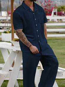 Manfinity RSRT Plus Size Men's Casual Solid Color Short Sleeve Shirt And Pants Set, Summer - Royal Blue - View 6