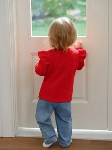 SHEIN 2pcs Baby Girls Autumn/Winter New Round Neck Knitted Flutter Sleeve Long Sleeve Cherry Decor Top And Denim Pants Casual Cute Outfit Set Fall - Multicolor - View 2