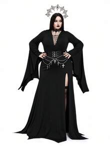 Whyspr 大码女式 2025 复古休闲朋克风格深 V 领荷叶边领抽绳下摆高开衩蝙蝠袖长裙，女巫暗黑风格，适合万圣节和节日 - 黑色 - 查看 4