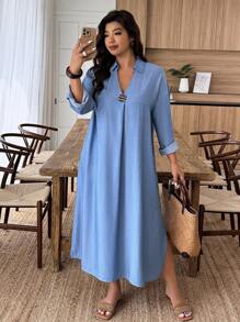 Weeklong 大码女式翻领落肩宽松休闲木扣连衣裙