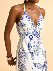 CAJUNI Women's Tropical Bohemian Style Blue Floral Print Wrap Halter Neck Backless Maxi Dress With Ruffle Bust Design