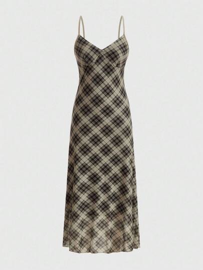 ROMWE Fairycore 格紋印花吊帶洋裝