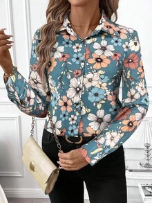 SHEIN Clasi Women's Floral Line Print Button Front Long Sleeve Shirt, Suitable For Commuting And Daily Wear, Autumn/Winter - Dusty Blue - View 5