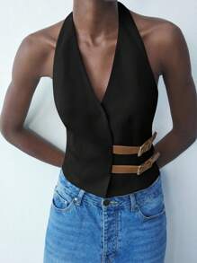 Maija 女士春季皮革装饰 V 领无袖上衣、节日、夏季、乡村音乐会、街头服饰女士、风格、时尚、俱乐部、教师