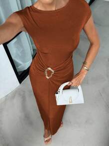 Lavishia Summer Apricot Shiny Chiffon Round Neck Short Sleeve Fashionable Metal Decor Slim Fit Dress For Women - Mocha Brown - View 6