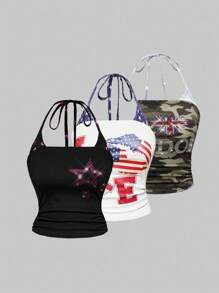 J-Fashion Áo ba lỗ cổ yếm in họa tiết ngôi sao và lá cờ phong cách Harajuku Y2K dành cho nữ - Nhiều màu - Xem 1