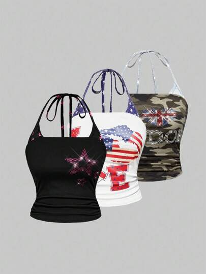 J-Fashion Y2K Harajuku Style Rhinestone Embellished Camouflage Print Star & Flag Graphic Halter Neck Tank Top For Women