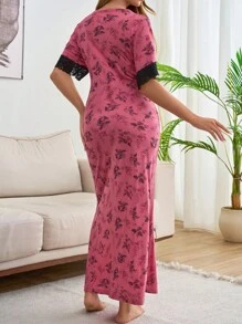 SHEIN Cottnline Women Cotton Floral Pattern With Contrast Colour Lace Detail Nightdress - Pink - View 2