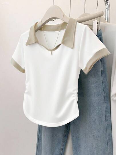 SHEIN 女士休闲百褶领修身T恤