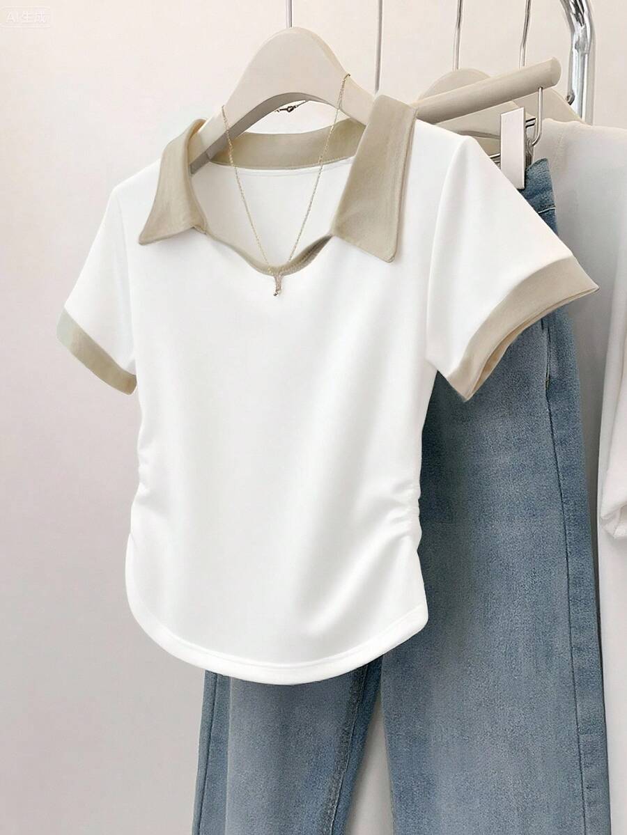 SHEIN 女士休闲百褶领修身T恤 - 白色 - 查看 1