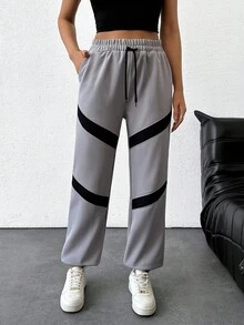 EURMUSE Women's Solid Black Stripe Detailed Drawstring Sweatpants - Grey - View 6