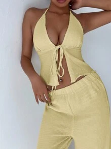 FavEase Textured Fabric Draped Neck Loose Wide Leg Pants Set - Yellow - View 3