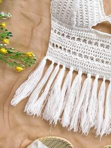 Soleia Women's Vacation Beaded Halter Tasseled Hem Knit Top, Suitable For Holiday Dates, Afternoon Tea, Beach, Cruise, City Vacation, Wedding Season, Music Festival, Boho Vacation,Fall