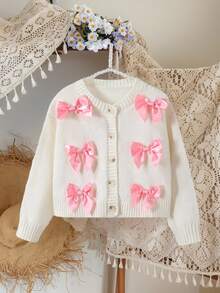 SHEIN Young Girl Fashionable Bow Knit Cardigan , Long Sleeve Open Front Cardigan With Bows Winter Fall - White - View 1