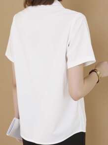 INAWLY Áo sơ mi công sở tay ngắn cài nút phía trước màu trơn cho nữ, mùa hè - trắng - Xem 2