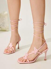 CUCCOO CHICEST 女士优雅蝴蝶结交叉踝带方头细高跟凉鞋，仿皮，浅粉色，适合正式场合、约会、派对、海滩、度假 - 淺粉色 - 查看 10