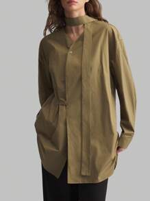 Ontre 2025 New Urban Casual Retro Japanese Style V-Neck Asymmetric Button Loop Loose Tie Accessory Women's Shirt, Minimalist Elegant For Spring/Summer - Army Green - View 7