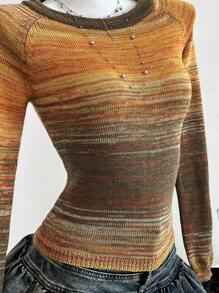 Elamini 女士休闲圆领长袖毛衣，秋冬针织套头衫 - 棕色 - 查看 4