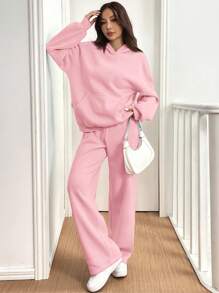SHEIN EZwear 2pcs/Set Women Casual Thermal Lined Hoodie Sweatshirt And Pants, Pink, Autumn/Winter - Pink - View 5