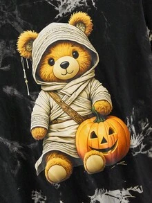 Manfinity NXTstreet 男士休闲针织 T 恤，扎染小熊图案印花，修身圆领短袖 T 恤万圣节泰迪熊衬衫万圣节图案 T 恤男士万圣节 T 恤泰迪熊图案 T 恤扎染万圣节衬衫 - 黑色 - 查看 5