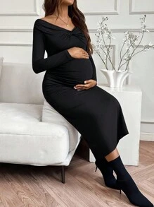 SHEIN Fall Clothes,Autumn Clothes,Maternity Autumn Clothes Maternity Elegant, Homewear, Fashionable Long Sleeve Maternity Midi Dress Maternity Dress Black Maternity Dress Pregnancy Dress Off The Shoulder Maternity Dress