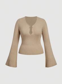 SHEIN MOD Plus Size Casual Versatile Khaki Flared Sleeve Sweater. Ribbed Knit Top.Autumn/Fall  Knit Top. - Khaki - View 6