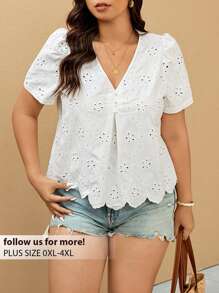 Elaquor Plus Size Women Vacation Tie Dye Embroidery V-Neck Puff Sleeve Blouse