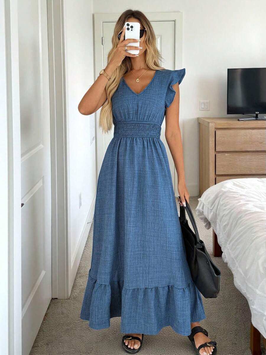 Easowa Shirred Cap Sleeve Drawstring Waist Ruffle Hem Flowy Dress, Casual Resort Wear For Women Boho - Blue - View 1