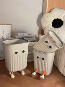SHEIN 1 Piece Of Striped Big Eyes Trash Can With Four Legs Supporting Trash Can With Pressure Strips Square Cute Trash Can Suitable For Office Bedroom Living Room Kitchen
