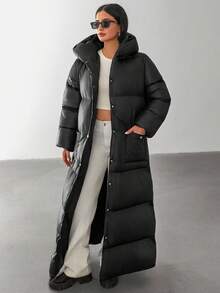 EURMUSE Women Solid Color Belted And Pocket Detailed Long Winter Coats - Black - View 3