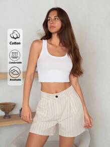 Cloudara Women Solid Color Striped Button And Pocket Detailed Women Shorts - White - View 1