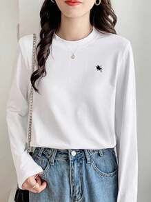 EMERY ROSE Women's Round Neck Solid Color Printed Casual Pullover, Women's Plus Size Long Sleeved T-Shirt, Suitable For Autumn Fall Cloth For Women - White - View 4