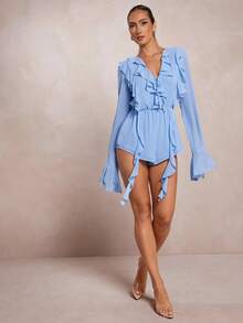 L'Amorae 女式长袖荷叶边连身裤 - 淺藍色 - 查看 3