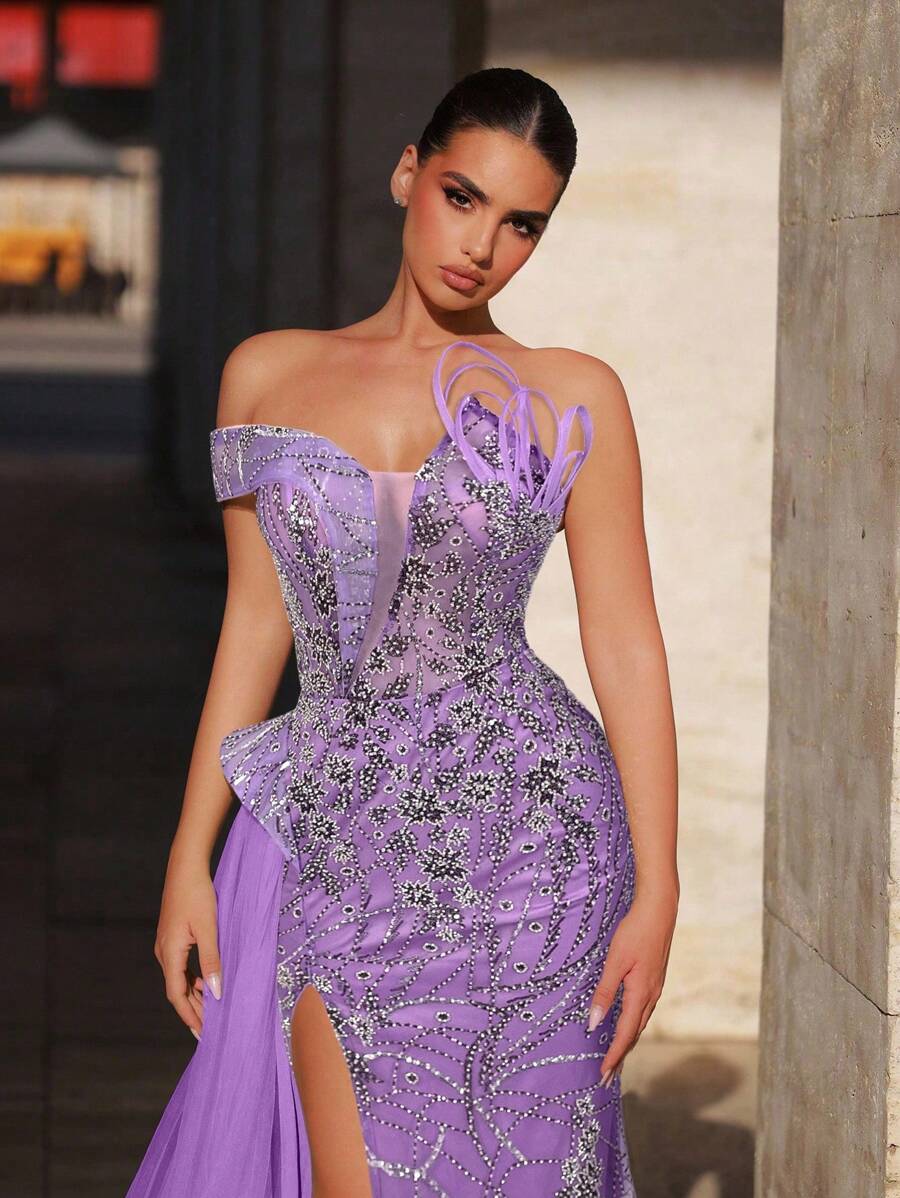 Glamrae Elegant Luxurious Sequin & Pearl Embellished Satin Sexy Thigh High Slit Mermaid Skirt With Side Drape, Suitable For Wedding, Party, Prom, Banquet (Heavy Embroidery)