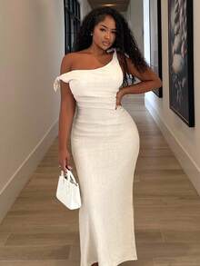 Alexandranx Women's Solid Asymmetric Neckline Ruched Elegant Long Dress,Rave Outfits Festival - Apricot - View 1