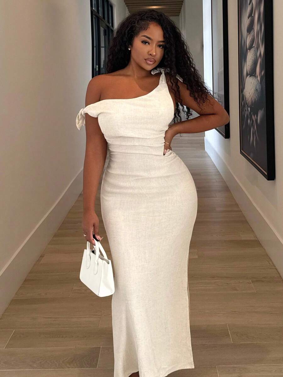 Alexandranx Women's Solid Asymmetric Neckline Ruched Elegant Long Dress,Rave Outfits Festival - Apricot - View 1