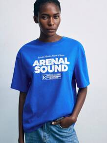 SHEIN X ArenalSound Maija Women's Casual Loose Slogan Print Round Neck Short Sleeve T-Shirt, Summer Blue Graphic T-Shirt Rave Festival - Blue - View 3