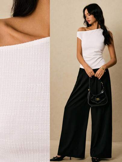 Poéselle 女式上衣纹理面料不对称肩上衣，腰部褶皱白色夏季纯色休闲时尚商务办公上衣，复古风返校街头风上衣