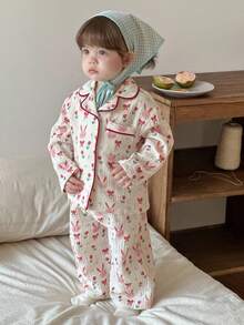 Hapijoa 2 件套女婴卡通印花可爱睡衣，春秋季，幼儿秋季服装 - 淺粉色 - 查看 7