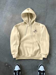 Manfinity EMRG 卡其色休闲连帽落肩卫衣，罗纹针织细节，几何印花山峰图案连帽衫，指南针图案连帽衫，米色，秋冬款，长袖上衣 - 卡其色 - 查看 2