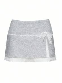DAZY Women's Lace Patchwork Bowknot Tie Waist Mini Skirt - Grey - View 10