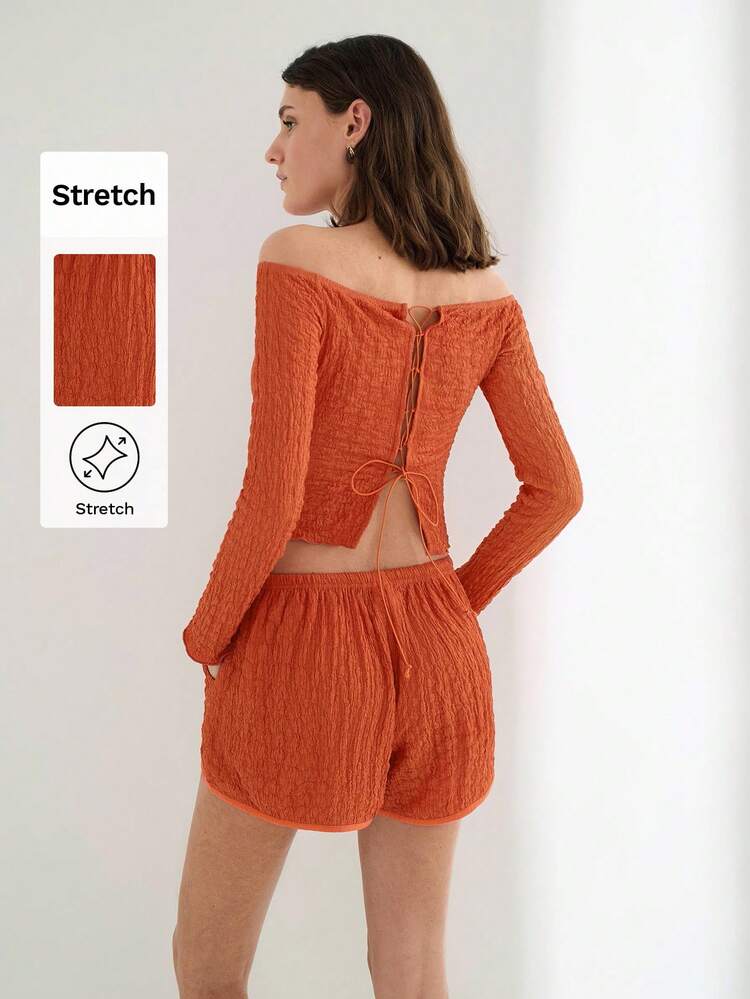 SHEIN Maija 2 Stück/Set Damen einfache Textur Einfarbig Off-Shoulder Crop Top & Shorts