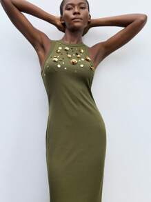 Maija Women's Long Solid Color Dress, Fashionable For Summer Olive Green Dress Army Green Dress Sequin Dress Gold Sequin Dress Floral Applique Dress