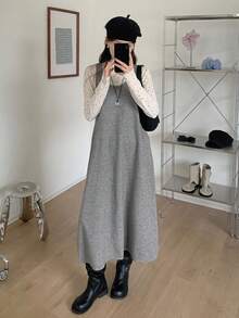 DAZY 女士纯色圆领无袖休闲宽松针织连衣裙毛衣裙夏季女装 - 灰色 - 查看 5