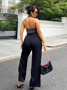 NegzBox Vintage Elegant Jacquard Pleated Wide-Leg Pants For Women, Autumn/Winter - Black - View 2
