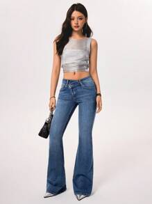 Rivivi 女式不对称腰部喇叭牛仔裤 - 藍色 - 查看 7